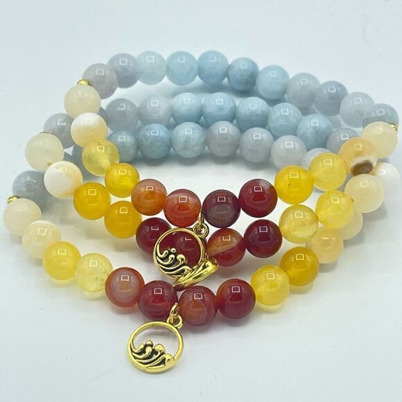 Ocean wave carnelian yellow agate honey calcite aquamarine beaded stretch bracel - Picture 8 of 16